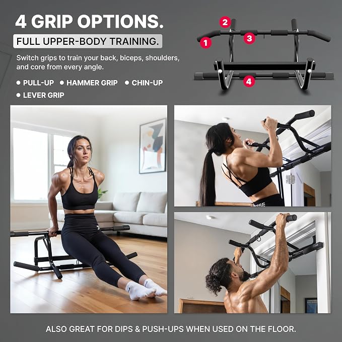 DMoose Fitness Pull Up Bar for Doorway - Upto 250 Lbs Capacity, No Screwing or Slipping, Hanging Pullup & Chin Up Bar for Door Frame - Multi Padded Grips for Strength Training with Installation Guide