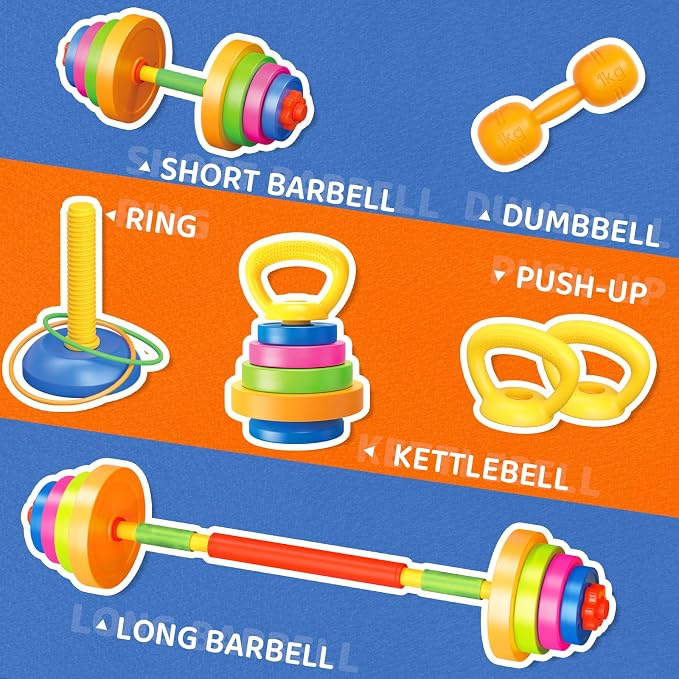 6-in-1 Kids Weight Set, Kid exercise equipment, Kids Workout Equipment Toys | Adjustable Kids Barbell, Dumbbell, Kettlebell, Push-Up ,Ring. Fitness Play Gym Toys Set Gift Small Weights for Kids Boy Girl