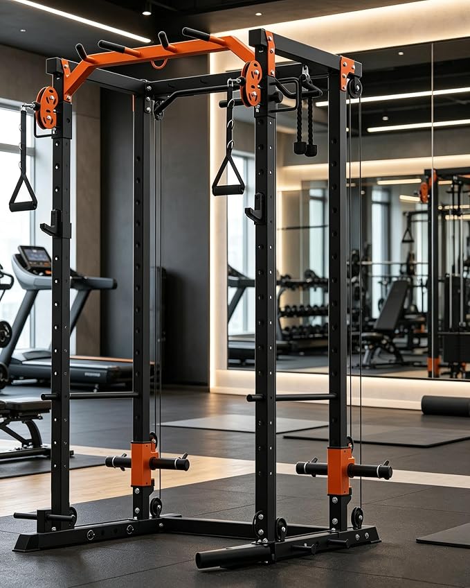 Power Cage, Power Rack with Cable Crossover System, 2000LBS Squat Rack with LAT Pull Down System, Workout Cage with Pulley System for Fitness Home Gym Strength Training (Red&Black)
