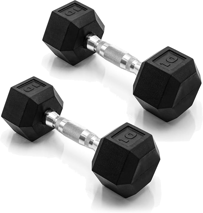 CAP Rubber Coated Dumbbell Weights, Free Weights for Home Gym Strength Training, Anti-Roll Hex Dumbbells with Black, Chrome & Comfort Grip Handles, Pairs & Sets