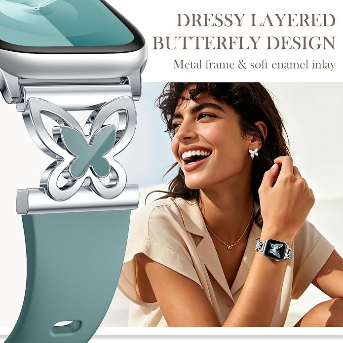Lerobo Slim Silicone Band Compatible with Apple Watch Bands for Women | Dressy Metal Butterfly 16mm Thin Strap for iWatch Series 11 10 9 8 7 6 5 4 SE Ultra 38mm 40mm 41mm 42mm 44mm 45mm 46mm 49mm