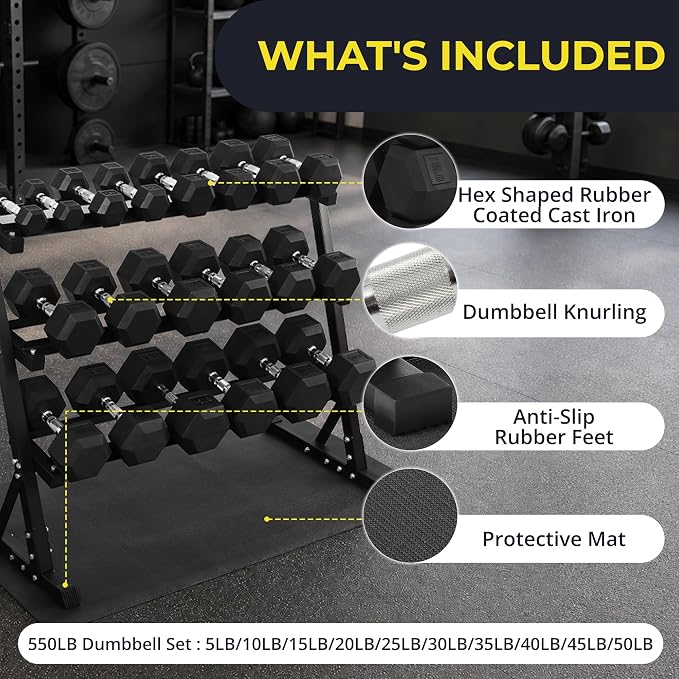 HulkFit 160-550LB Rubber Hex Dumbbell Set with Storage Rack, Solid Cast Iron Dumbbells for Full Body, Anti-Slip Grip, Weights Dumbbells Set for Home Gym Training
