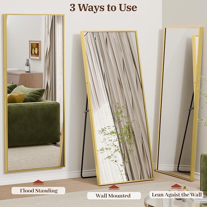 64"×21" Full Length Mirror, Shatterproof Tempered Glass Floor Mirror, Alum Alloy Thin Frame Standing Mirror with Freestanding/Leaning/Wall Mount for Bedroom, Living Room & Entryway, Gold
