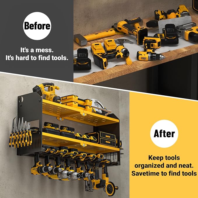 YYR Power Tool Organizer Wall Mount, Cordless Drill and Battery Holder, Electric Tools Hanger Storage Rack with Charging Station, Garage Organization Floating Shelf - Made of Heavy Duty Metal, Yellow