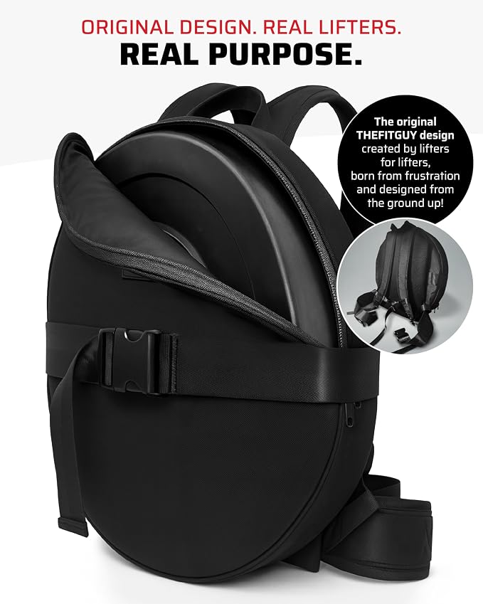 THEFITGUY Weighted Backpack for Gym Plate - for Pushups, Pullups, Squats | Fits Up to 17.5” Diameter, 2.5” Thick Plate, Wear on Back or Front, Padded Straps & Secure Buckles - For Home & Gym