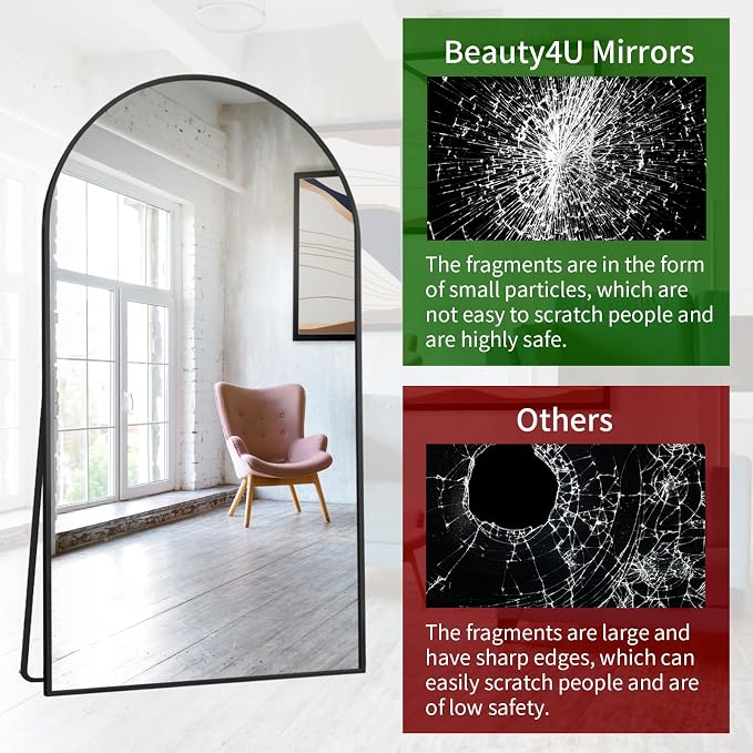 Beauty4U 76" x 37" Arched Full Length Mirror with Stand, Black Floor Mirror | Large Standing, Leaning, or Wall-Mounted Tempered Full Body Mirror with Metal Frame for Bedroom, Closet, Modern Home Decor