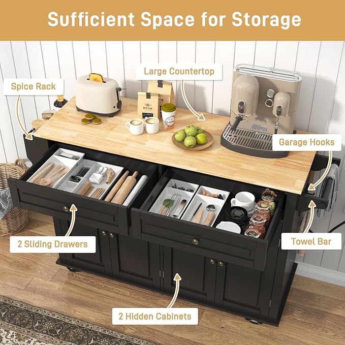 Hlivelood 55" Movable Kitchen Island with Drop Leaf and Power Outlet, Rolling Cart with Storage Cabinet, Island Table on Wheels for Kitchen with 2 Drawers, Spice Rack, Towel Bar, Garage Hook, Black