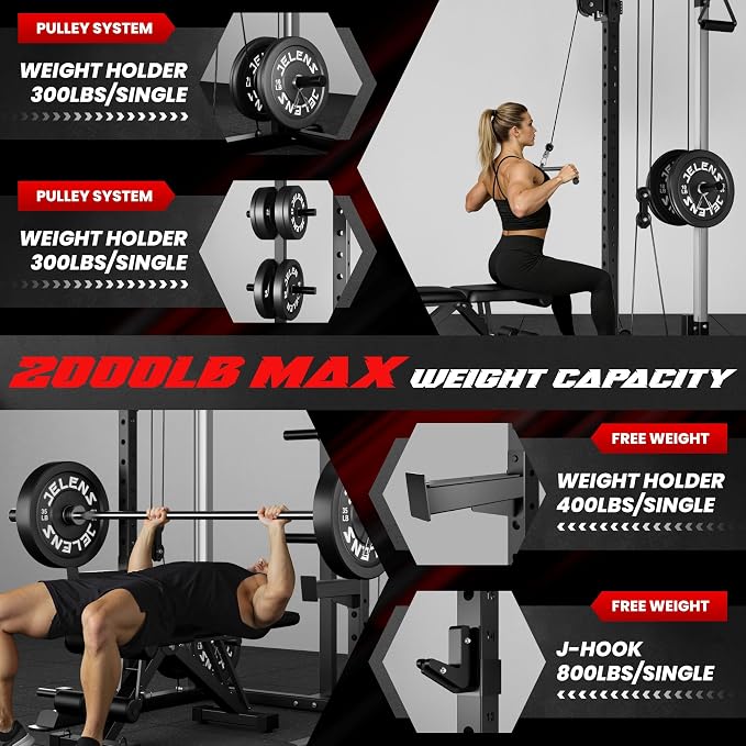 JELENS C21 Power Cage, 2000LBS Multi-Function Power Rack with Independent Dual Pulley System, All-in-One Squat Rack for Cable Crossover, Home Gym Workout Machine