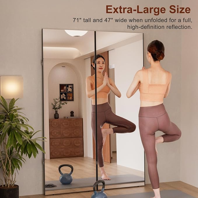 NanoMirror Space-Saving 360° Folding Full Length Mirror, 71" x 63" Ultra-Large Wall Mounted Shatterproof Foldable Design for Home Gym, Yoga, Dance, Fitness Studio, Silver
