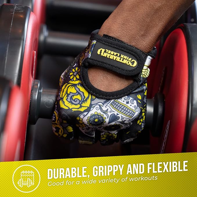 Contraband Pink Label 5237 Womens Designer Workout Gloves | Sugar Skull Print w/Grip-Lock™ Padding (Yellow, Medium)