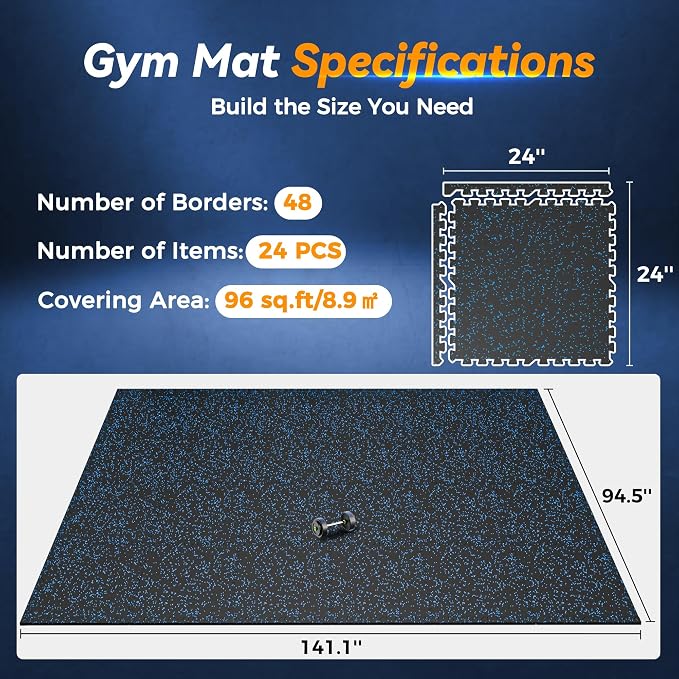 SUPERJARE 1" Extra-Thick Rubber Top Exercise Mat, Puzzle Gym Flooring for Home Gym, Gym Mat for Workout Equipment, Interlocking Floor Tiles with EVA Foam, 24 Pcs 96 Sq Ft, Black/Blue