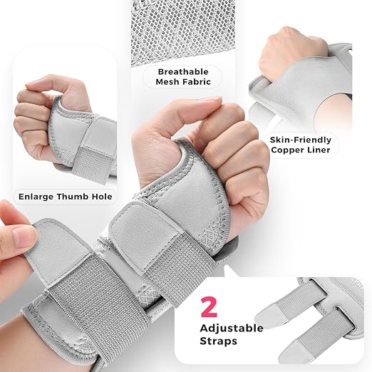 Copper Carpal Tunnel Wrist Brace, Adjustable Wrist Support Splint for Night Sleep & Daytime Working, Hand Braces Pain Relief for Arthritis, Tendonitis, Sprain, Men & Women(Right Hand-Grey, S/M)