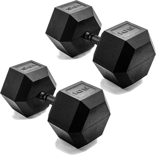 CAP Rubber Coated Dumbbell Weights, Free Weights for Home Gym Strength Training, Anti-Roll Hex Dumbbells with Black, Chrome & Comfort Grip Handles, Pairs & Sets
