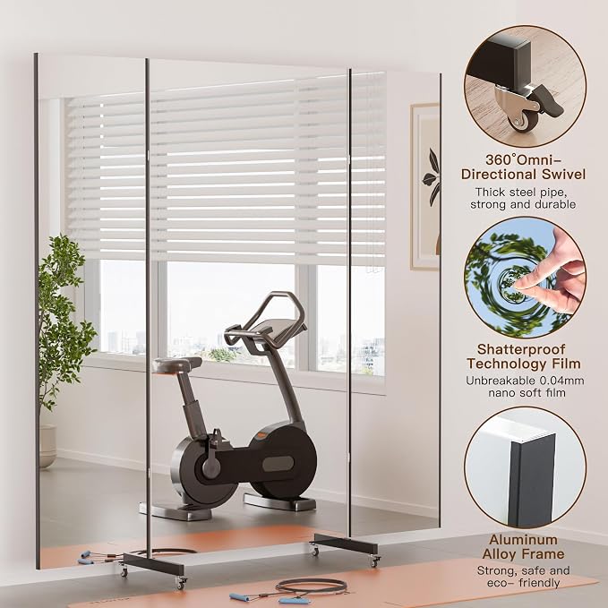 brisafe Full Length Mirror with 360° Wheels, 79"x79" Foldable Floor Mirror with Nano-Tech Shatterproof Film - Ultra-Large Mobile Mirror for Home Gym, Dance Studio & Commercial Spaces (Black)