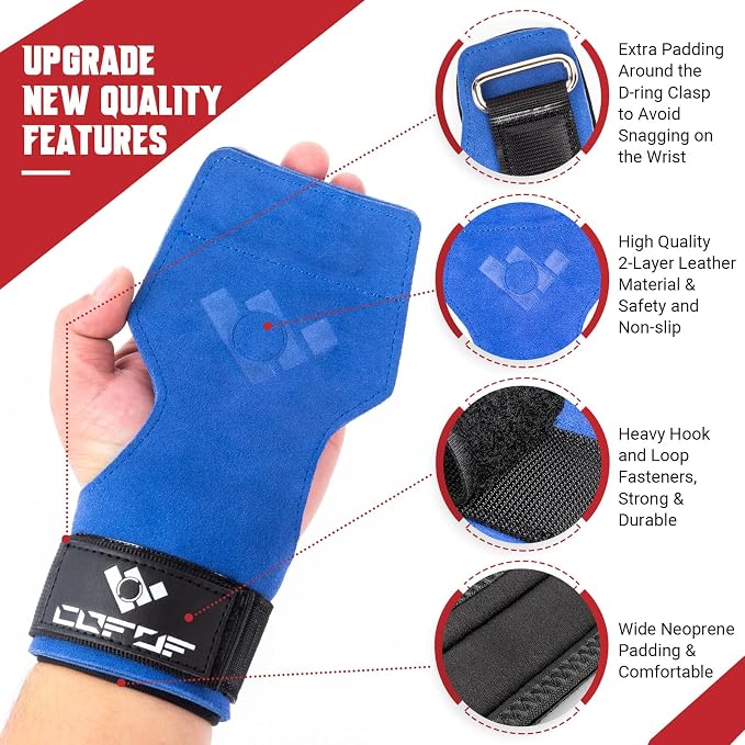 Weight Lifting Wrist Strap, Double-Layer Leather for Deadlift Powerlifting | Gym Strap with Adjustable Neoprene Padded Fit for 6.3–8 Inch Wrist, 8.07-Inch Leather Strap, Gym Workout Lifting Hook (Pair)