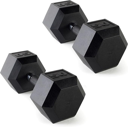 CAP Rubber Coated Dumbbell Weights, Free Weights for Home Gym Strength Training, Anti-Roll Hex Dumbbells with Black, Chrome & Comfort Grip Handles, Pairs & Sets
