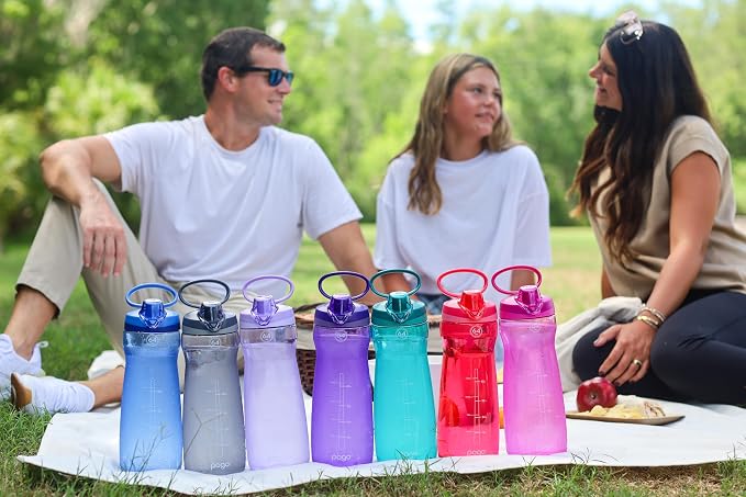 Pogo 64oz Plastic Water Bottle with Chug Lid and Carry Loop, Purple | Leakproof water bottle with chug lid and capacity markings. BPA-free, great for travel, school, outdoors, and gym.