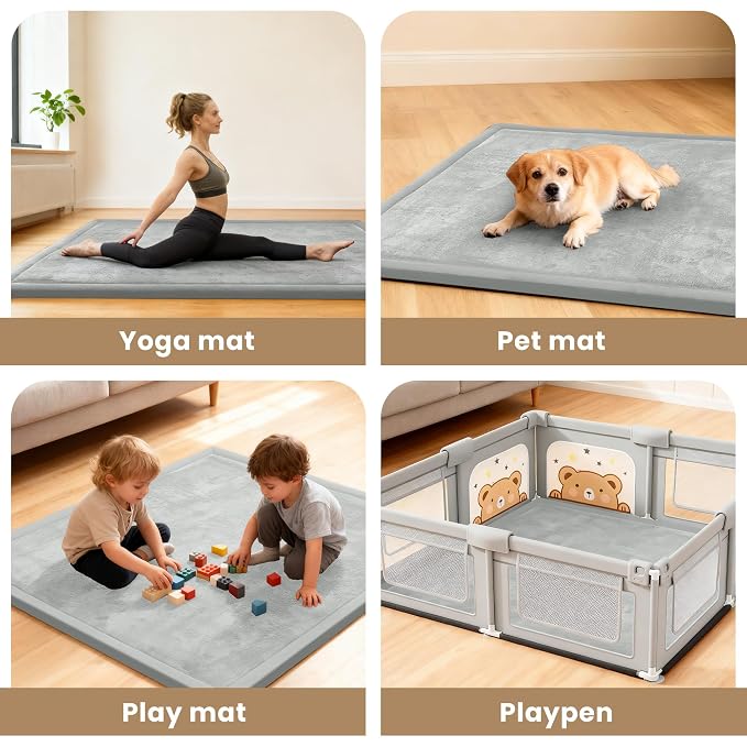 ACOMOPACK Baby Play Mat for Floor 1.3" Thick Memory Foam Play Mat 79"×157 Tummy Time Crawling with Non-slip Bottom for Living Room,Nursery,Soft Velvet Playpen Mats for Kids,Infants（Light Grey）