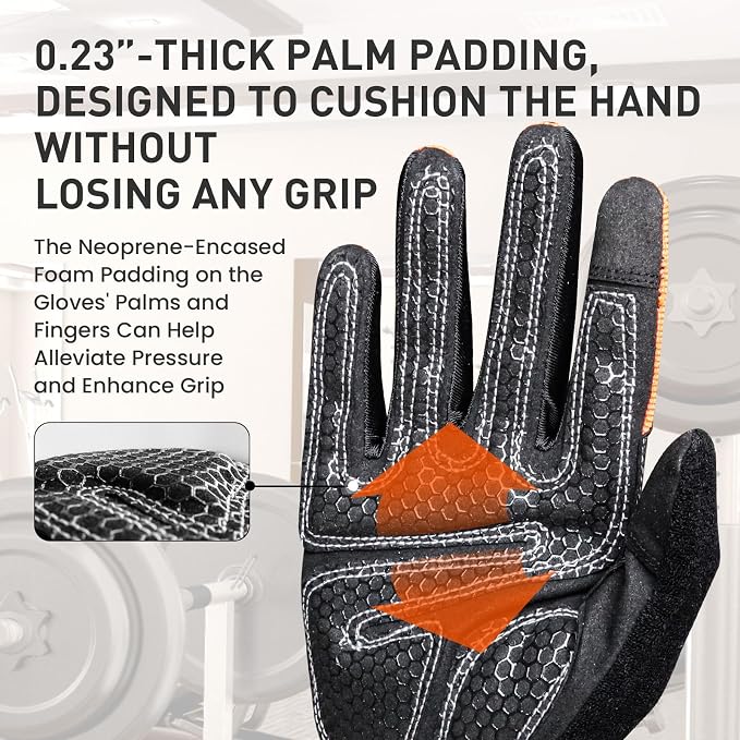 FINGER TEN Workout Gloves Full Finger with Padding 1 Pair | Shock Absorbing Palm Support, Non-Slip Extra Grip Control, Breathable Flexible Fit, for Exercise Weight Lifting Fitness