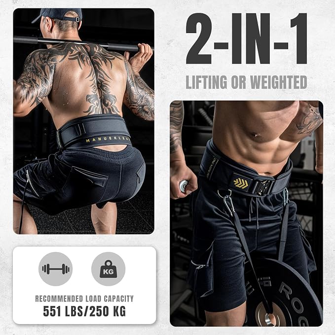 MANUEKLEAR 2-in-1 Weightlifting Belt & Dip Belt with 36.7 IN Rope, Double-Layer Weight Lifting Belts, Powerlifting Gym Weighted Belt for Pull Up Squat