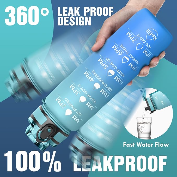 OLDLEY Water Bottle, 32oz Motivational Sports Water Bottle with Time Marker - Times to Drink - Tritan, BPA Free, Wide Mouth Leakproof,Luca