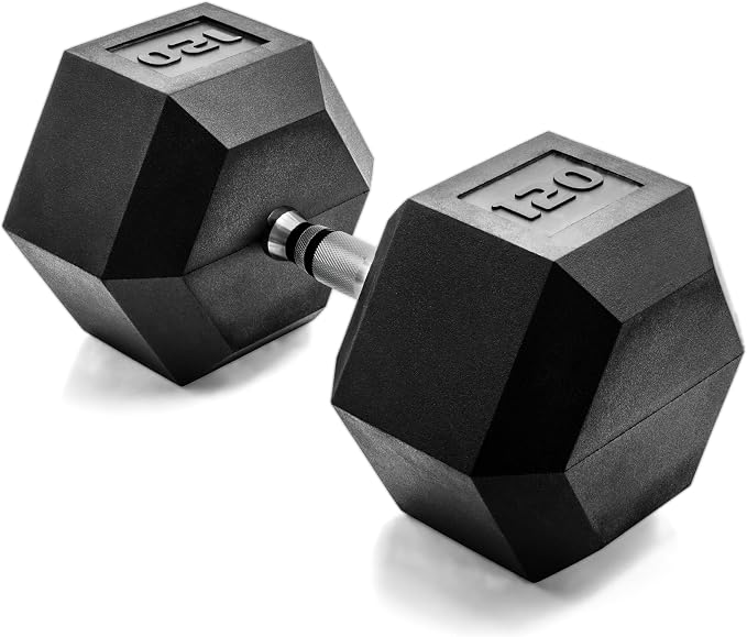 CAP Rubber Coated Dumbbell Weights, Free Weights for Home Gym Strength Training, Anti-Roll Hex Dumbbells with Black, Chrome & Comfort Grip Handles, Singles