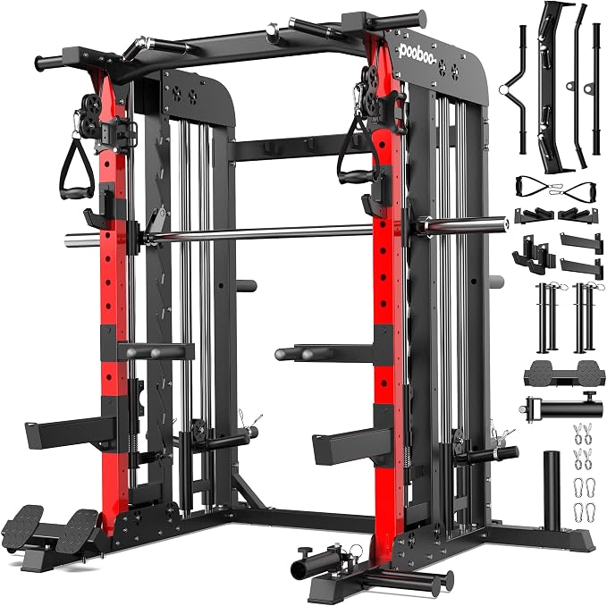 pooboo Multi-Functional Machine Power Cage, 2000LB Squat Rack, LAT-Pull Down System, Dual Pulley Cable Crossover System, Home Gym Workout Machine with Strength Training Attachments