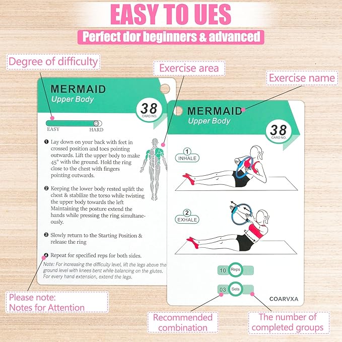 Pilates Ring Workouts for Women-58 Exercise Cards with Pilates Mat Workout Postures，ncludes 4-Week Challenge,2 Rings& Dry-Erase for Easy Organization-Home, Gym or Studio