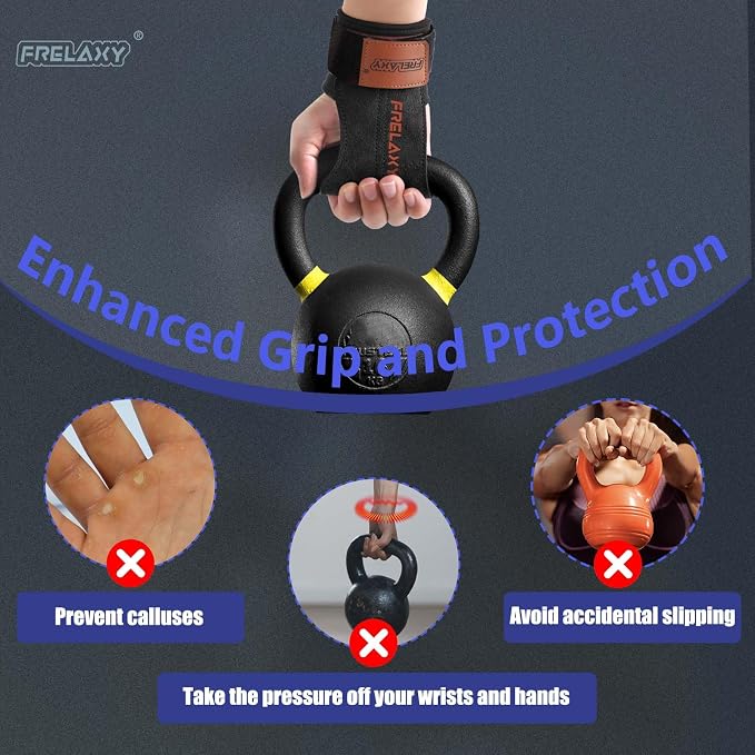 Frelaxy Lifting Wrist Straps for Women and Men, Weight Lifting Grips | Double-layer leather, Cushioned wrist support, Durable construction, Storage pouch, Deadlifts, rows, lat pulldowns