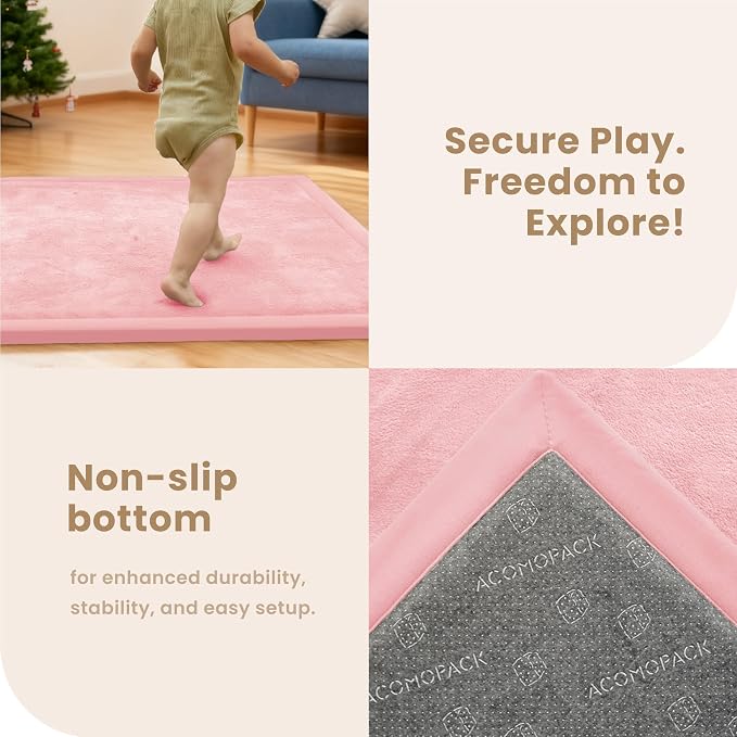 ACOMOPACK Baby Play Mat for Floor 1.3" Thick Memory Foam Play Mat 79"×118" Tummy Time Crawling with Non-slip Bottom for Living Room,Nursery,Soft Velvet Playpen Mats for Kids,Infants（Pink）