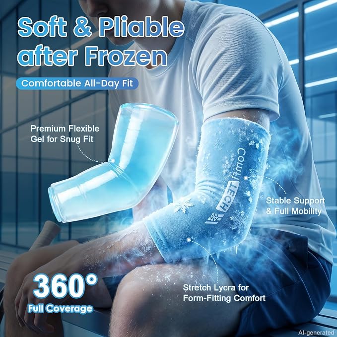 ComfiTECH Youth Elbow Ice Pack Wrap, Tennis Cold Sleeve, Medium, 2 Packs | Custom fit for teen elbows delivers 360° cold relief, with 2 sleeves enabling alternate freezing for lasting soothing