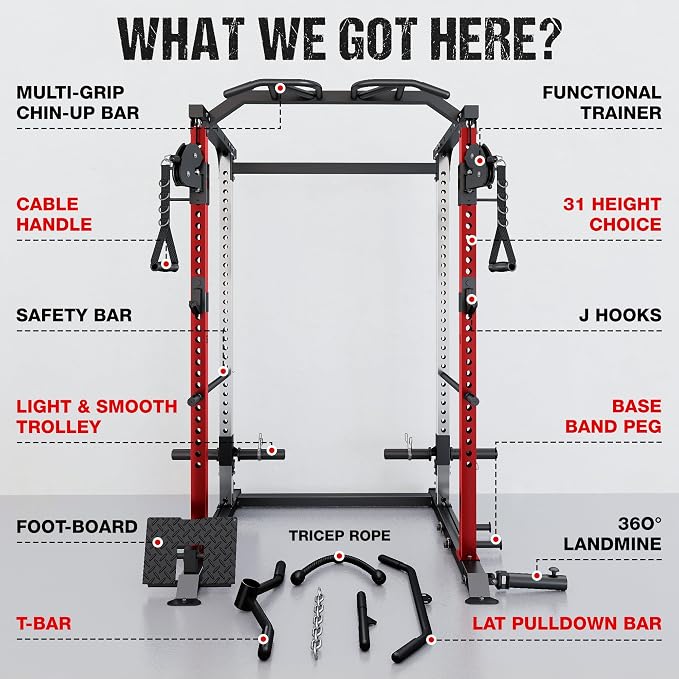 DP01 Power Cage, 2000LBS Squat Rack with Cable Crossover and Dual Independent Pulley System, Full Cage for Full Body Training, Power Rack with More Training Attachments for Home Gym