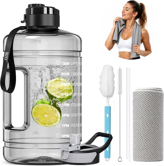Large Water Bottle with Motivational Time Marker & Straw & Handle,2 Lids | BPA Free,Gallon Water Jug, Half Gallon water Bottle for Sport Gym Camping Workout Outdoors Yoga (Clear)