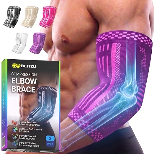 BLITZU Elbow Compression Sleeve for Tendonitis, Tennis Elbow Brace 2 Pack M | Targeted Arm Support, Joint Stability, Muscle Recovery, Workout Protection, Tendonitis & Arthritis Relief, All-Day Comfort