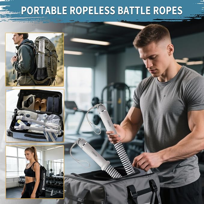 Portable Adjustable Ropeless Battle Ropes with Gray | Weighted Cordless Workout Rope with Anti-slip Handles for Low-impact Cardio, HIIT, Home Gym and Office Fitness