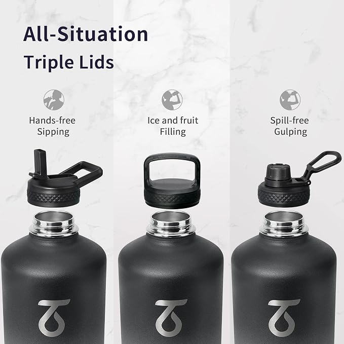Trebo One Gallon Water Bottle Insulated with 3 Lids, Paracord Handle & Bag | 128 oz Large Stainless Steel Water Jug, Triple Wall Vacuum Copper Plated, Dishwasher Safe, Keeps Cold 48 Hrs for Hiking, Gym