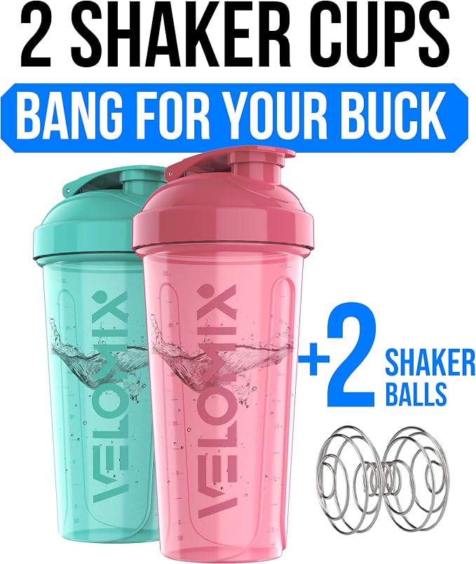 VELOMIX 2 Pack 28oz Protein Shaker Bottle for Protein Mixes, Pink/Turquise | 2x Wire Whisk, Leak Proof Shaker Cups for Protein Shakes, Stackable, Dishwasher safe, BPA free, Pre Workout and Fitness ready