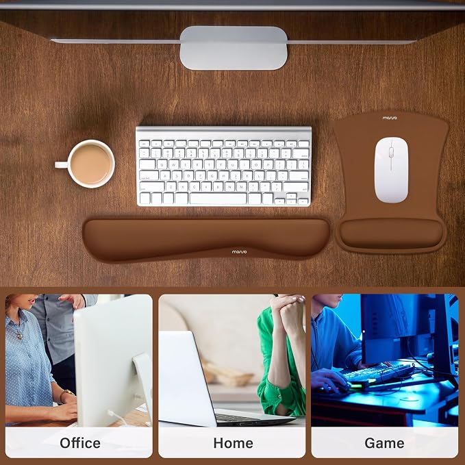 MOSISO Wrist Rest Support for Mouse Pad & Keyboard Set, Ergonomic Mousepad Non-Slip Base Home/Office Pain Relief & Easy Typing Cushion with Neoprene Cloth & Raised Memory Foam, Brown