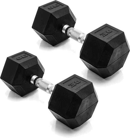 CAP Rubber Coated Dumbbell Weights, Free Weights for Home Gym Strength Training, Anti-Roll Hex Dumbbells with Black, Chrome & Comfort Grip Handles, Pairs & Sets