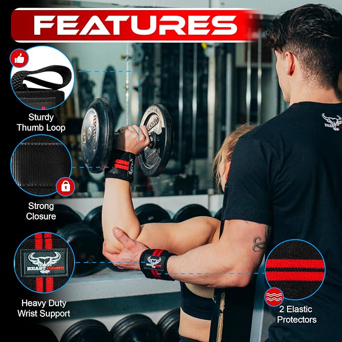 Wrist Wraps for Weightlifting - Adjustable Lifting Straps With Thumb Loop for Enhanced Gym Support, Powerlifting, Bodybuilding and Workout