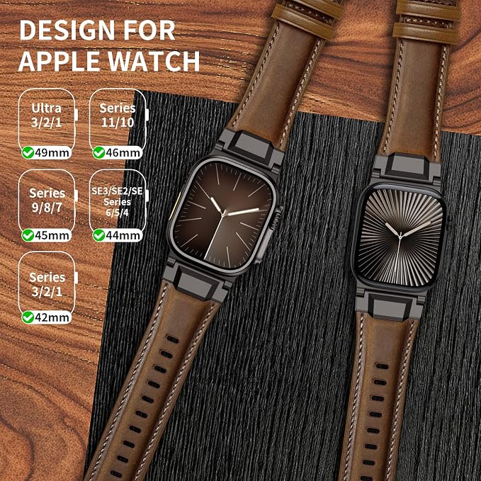 Bands Compatible with Apple Watch Ultra 3/2/1 Band 49/46/45/44mm | Genuine Leather Metal Connector Strap for iWatch Ultra Series 11/10/9/8/7/SE/6/5/4/3/2/1, Retro Walnut/Black