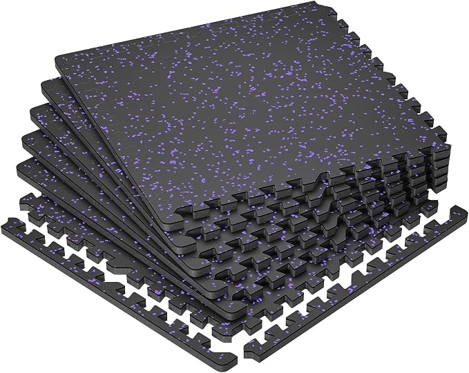 SUPERJARE 0.79'' Extra-Thick Exercise Equipment Mats, 6 Pcs 24 Sq Ft Rubber Top Floor Tiles with High Density EVA Foam, Interlocking Gym Flooring for Home Gym, Protective Workout Mat, Black/Purple