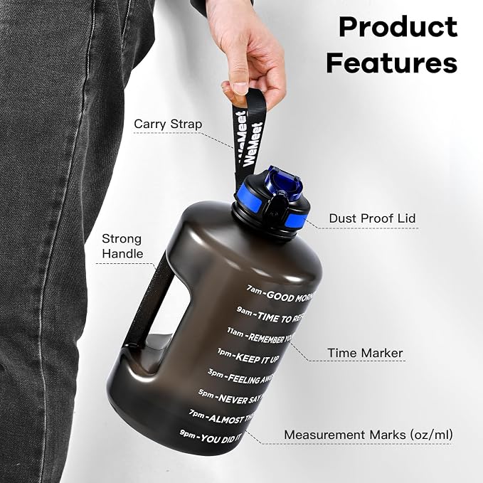 WEMEET 128oz Water Bottle with Time Marker, BPA Free, 1 Gallon Motivational Sports Water Bottle with Straw, for Sports, Outdoor Activities, Fitness Enthusiasts (Black)