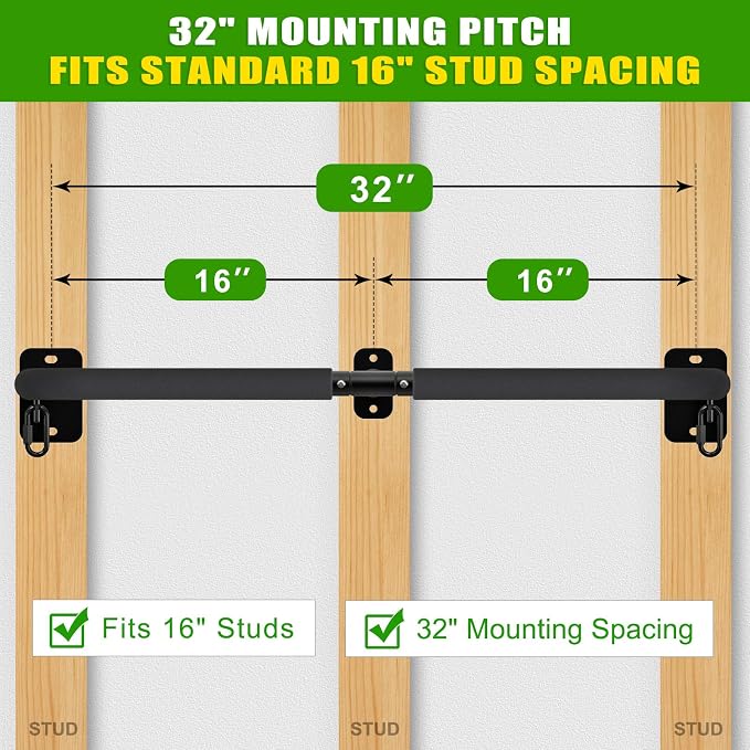 SELEWARE 32"/36" Wall Mount Pull Up Bar Joist Mount Chin Up Bar for Doorway | Heavy Duty Steel Construction Support 450 lb, w/Resistance Band Hooks, Fits 32"/36" Wall Studs for Home Gym Strength Training