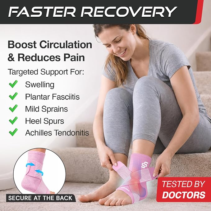 Sleeve Stars Ankle Brace for Women & Men, Ankle Wrap for Sprained Ankle, Compression Sleeve for Plantar Fasciitis Relief, Easy Customizable Support: w/Removable Strap (Single/S:9"-10"/Baby Pink)
