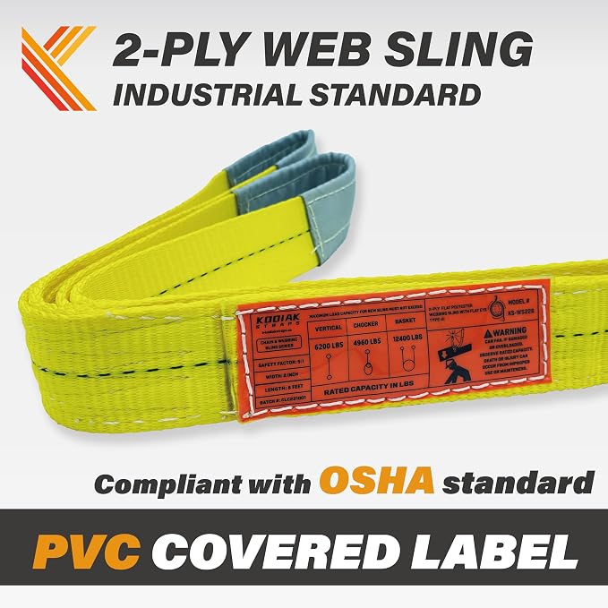 2-Ply Lifting Sling Straps 2”x 20ft - 6200lbs Vertical Capacity Heavy Duty Flat Eye Lift Sling, for Rigging Moving Towing Hoisting -2Pack - Kodiak Straps