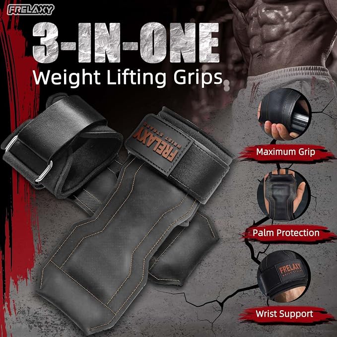 Frelaxy Lifting Wrist Straps, Rubber Weight Lifting Grips for Deadlifts | Non-slip rubber palm, Full palm protection, Neoprene wrist padding, Enhanced grip support, Pull ups rows lat pulldowns