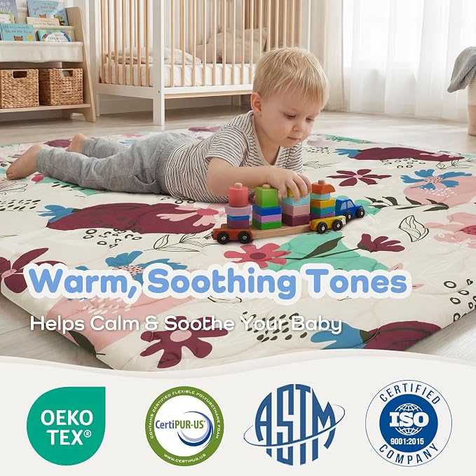 1.6" Thick Baby Play Mat, 71x59 Removable & Machine Washable Cover | Padded Memory Foam, Non-Slip Backing, 100% Baby-Safe Materials, Tummy Time Crawling, Outdoor, Bedroom, Living Room, Nursery