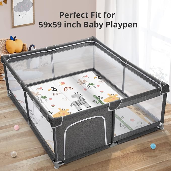 Baby Play Mat,Foldable Baby Floor Mat, 0.8"Thick Waterproof Baby Play Mats for Floor, Reversable&Non-Slip Carlwing Mat for Infants and Toddlers, 59"x59" Playpen Mat for Indoor&Outdoor Playing,Giraffe