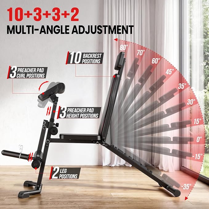 OPPSDECOR Adjustable Weight Bench with Leg Extension and Preacher Curl Pad | Foldable Workout Bench, 10 Positions Incline Decline Flat Full Body Home Gym Strength Training, 800 lbs Capacity Bench Press